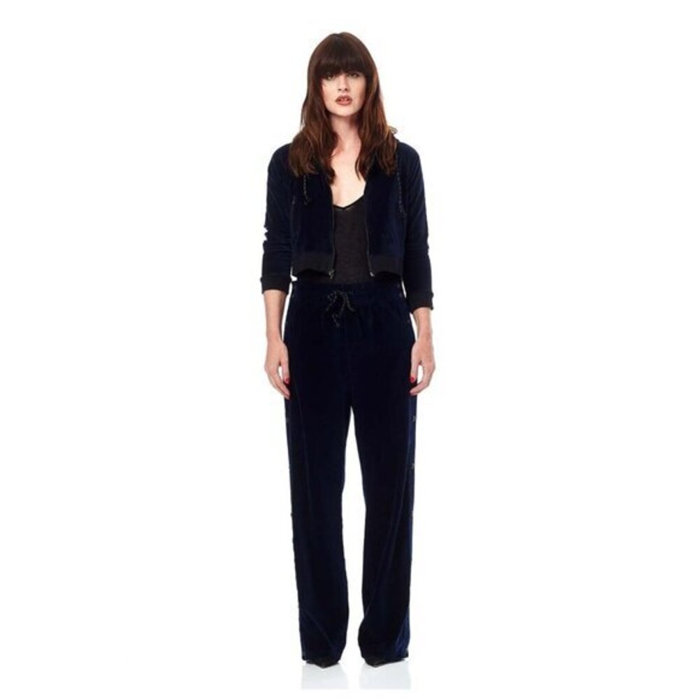 Hudson Aria Pants Velvet Track Pants Dark Obsidian Navy Blue Side Snaps SZ L New